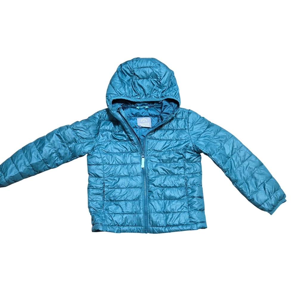 Primary Kids Teal Blue Quilted Lightweight Puffer Hooded Jacket Size 6-7